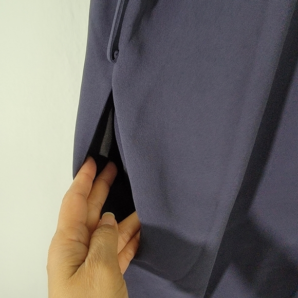 Theory Women Navy Shirt Dress Sz L Faux Silk Short Sleeve Midi Pocket High-Low - Picture 8 of 12